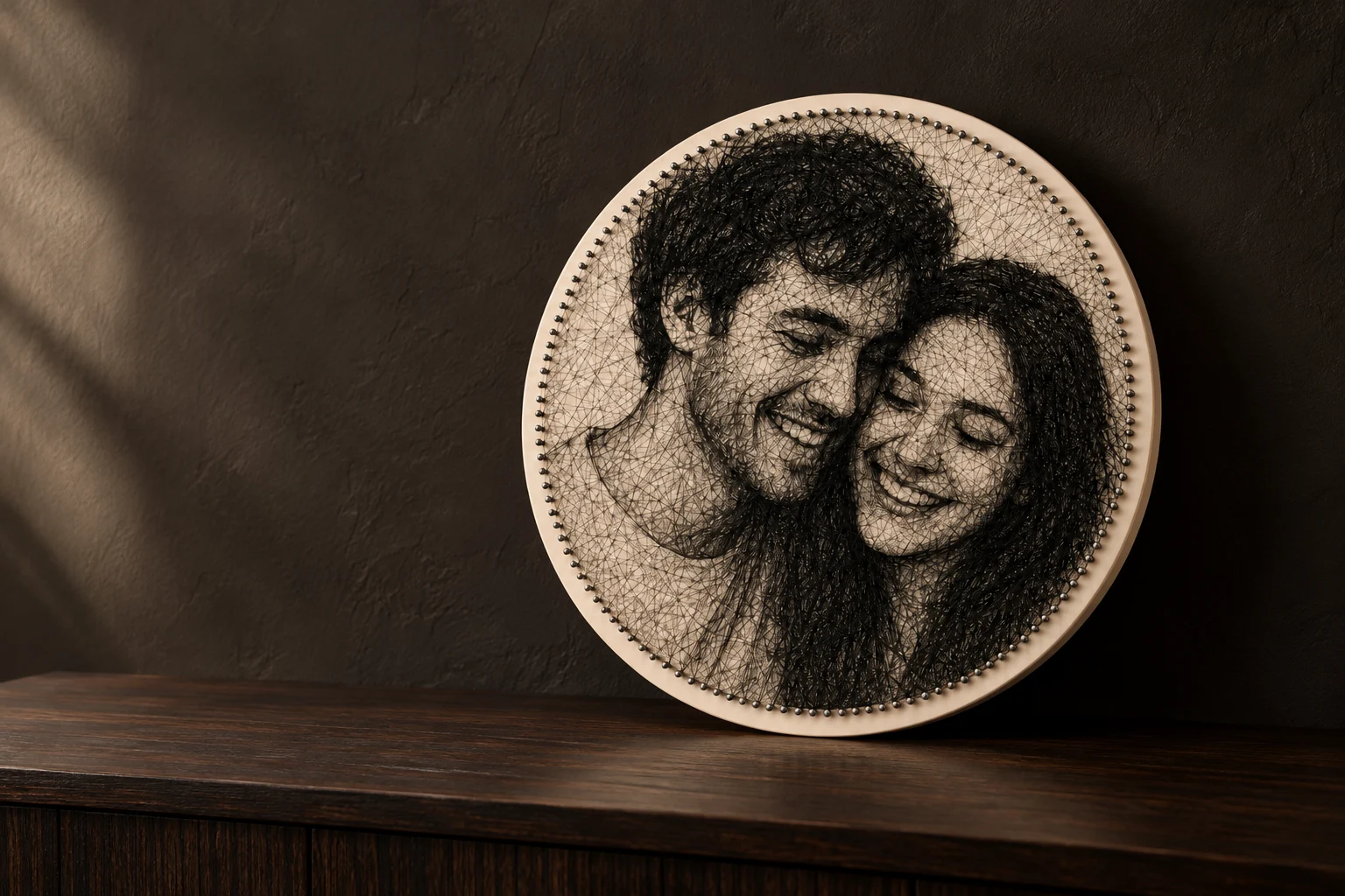 Retrato circular de una pareja, representado con hilos negros sobre marfil